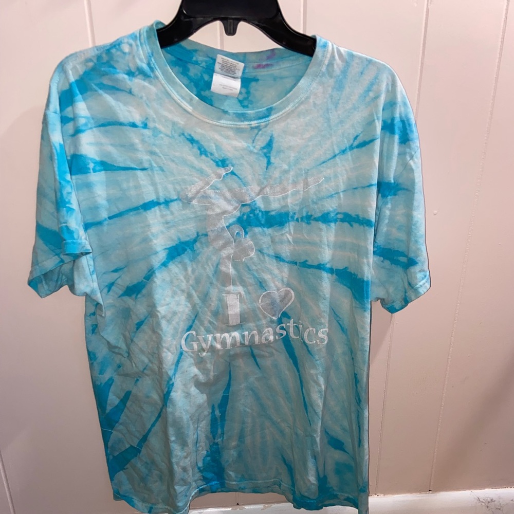 blue tie dye “I ❤️ gymnastics” t-shirt. Size large.